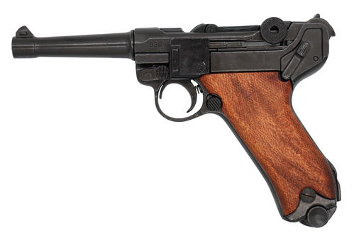 Modell Luger P08 mit Holzgriffschalen, Nachbau aus Gussmetall